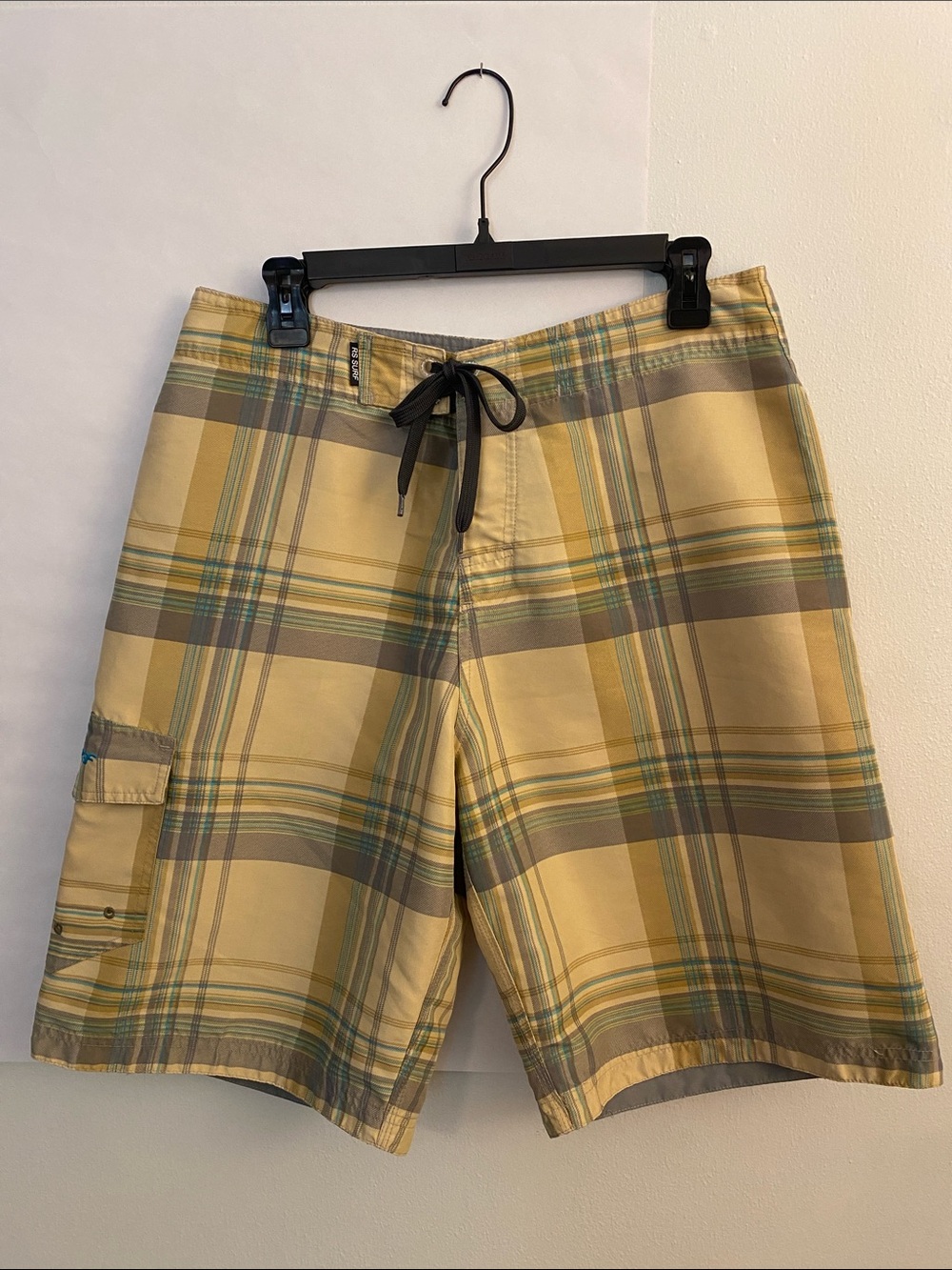 Men's Yellow & Green Plaid Swim Board Shorts with Cargo Pocket